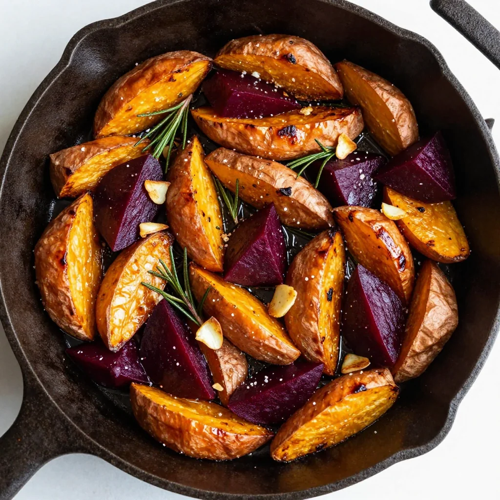 baked sweet potato and beet hash with garlic and rosemary