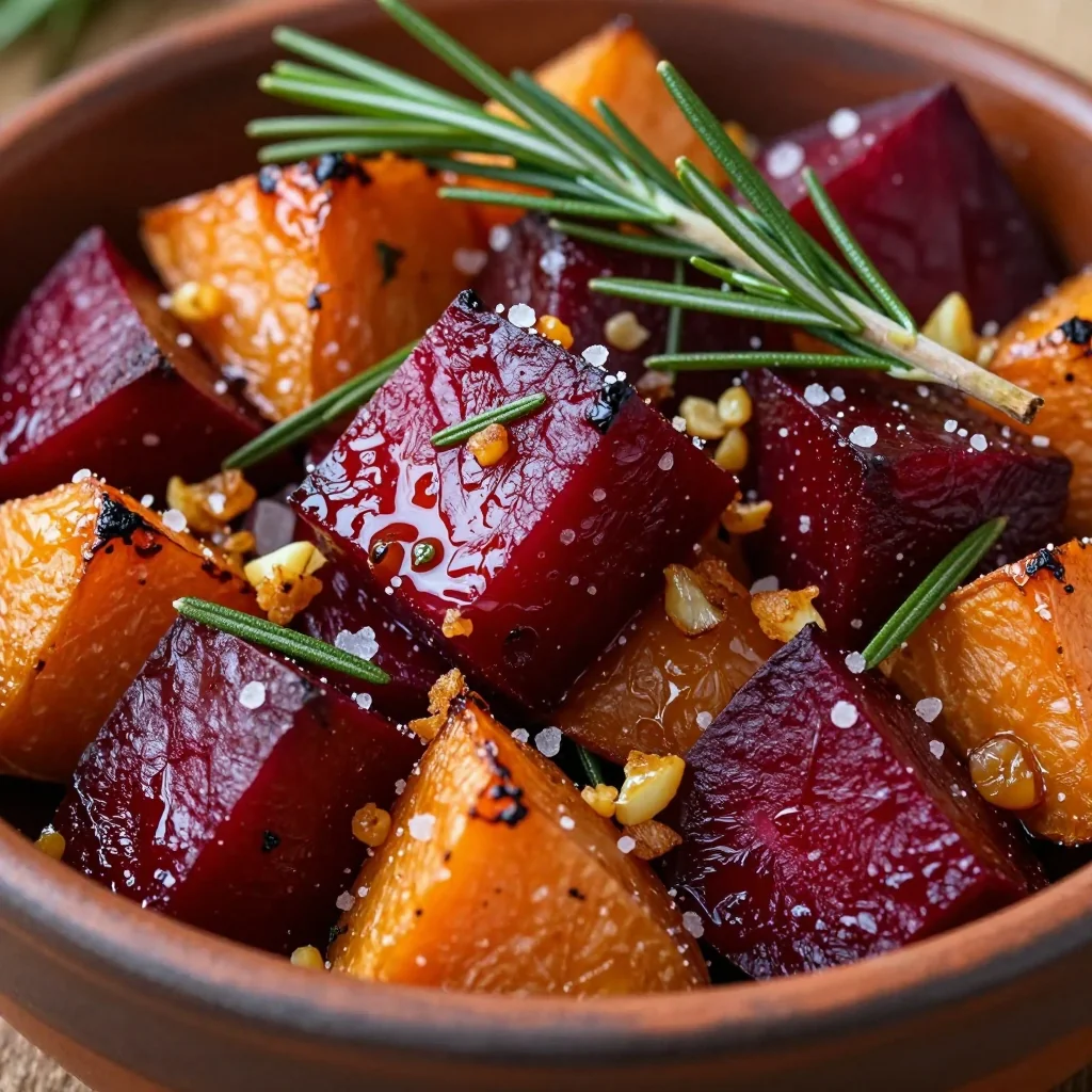 baked sweet potato and beet hash with garlic and rosemary