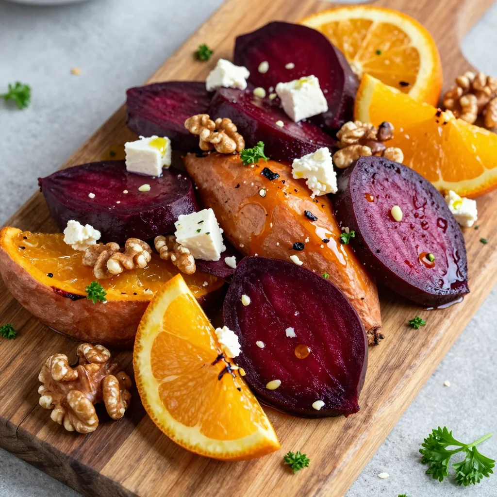baked sweet potato and beet salad with garlic for cold evenings