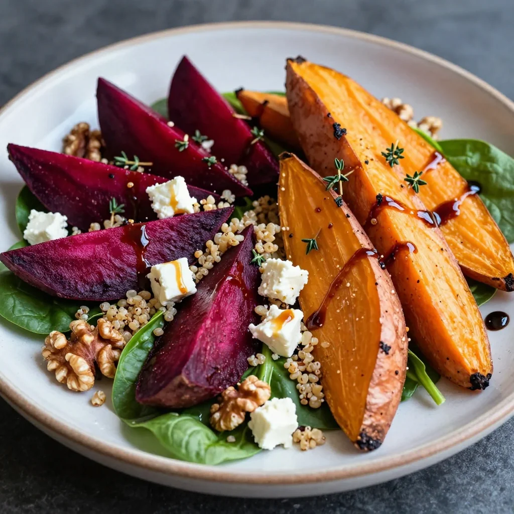 baked sweet potato and beet salad with garlic for cold evenings