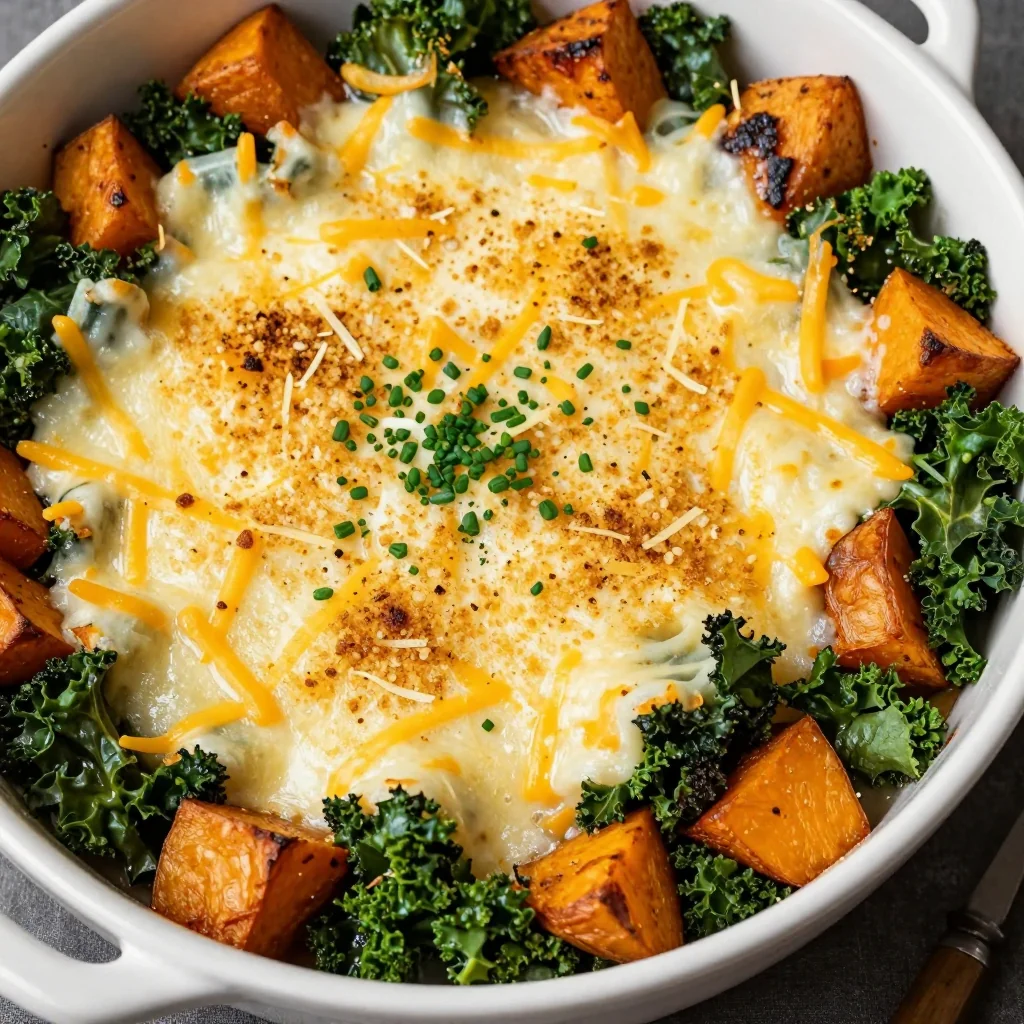 baked sweet potato and kale casserole for comforting cold day dinners