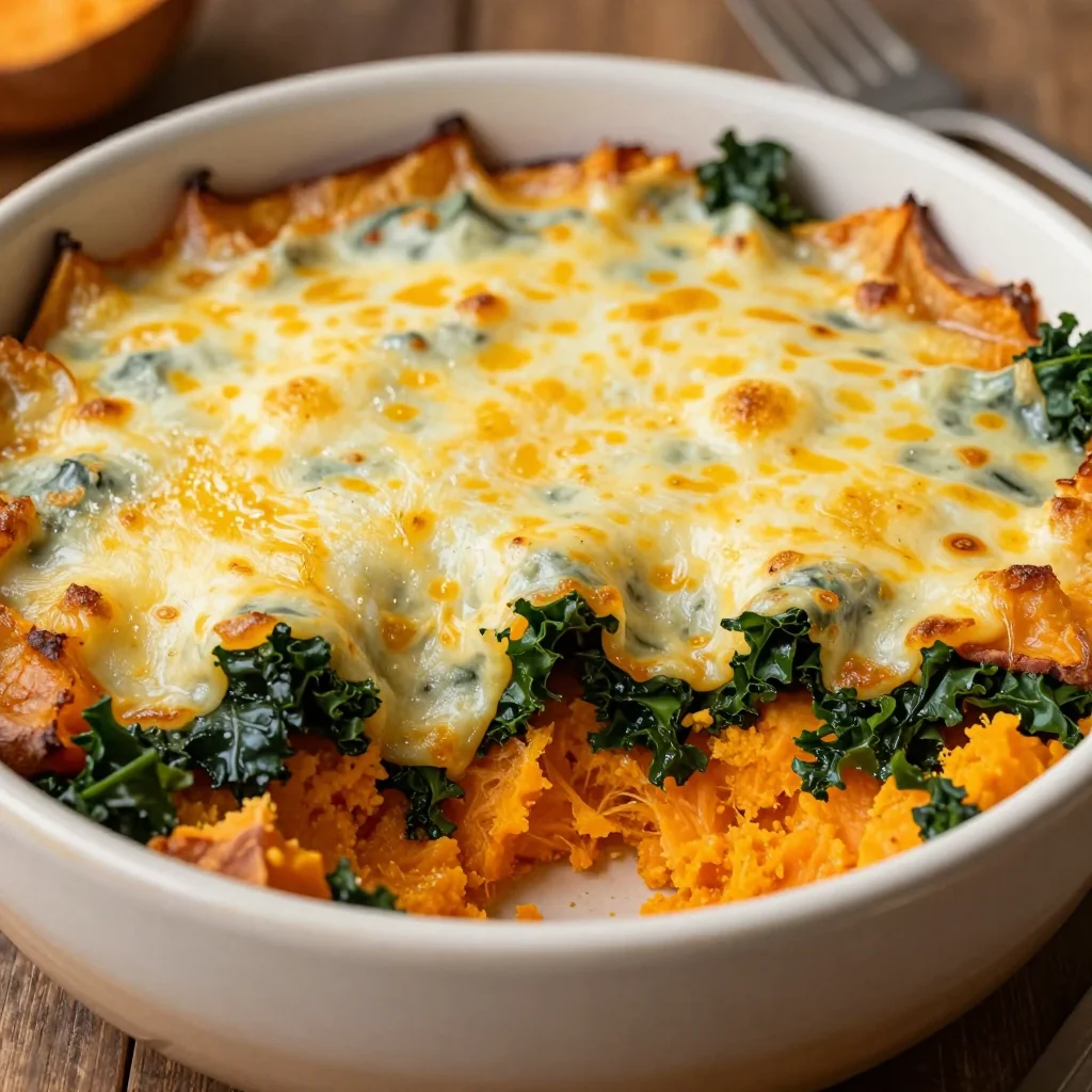 baked sweet potato and kale casserole for comforting cold day dinners