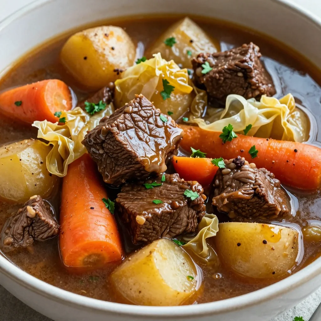 batch cook slow cooker beef stew with cabbage and root vegetables