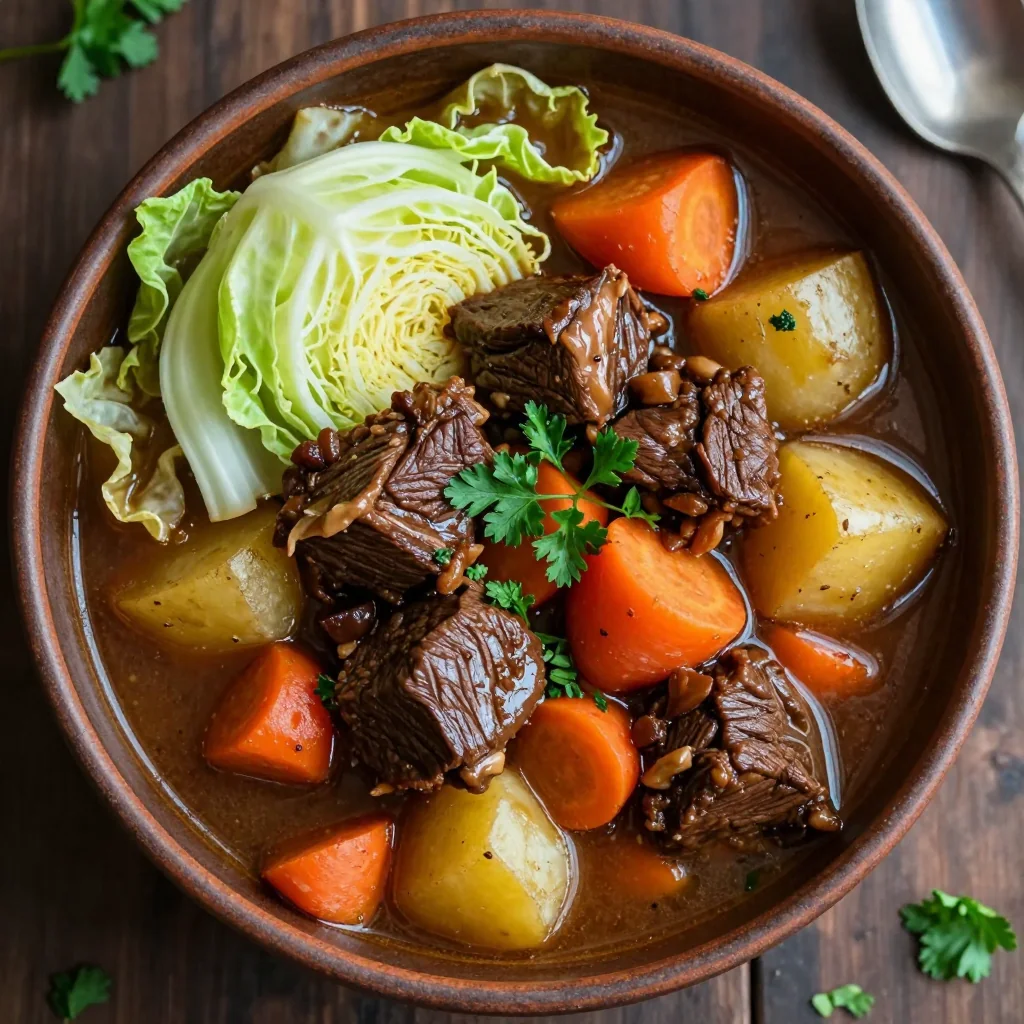 batch cook slow cooker beef stew with cabbage and root vegetables