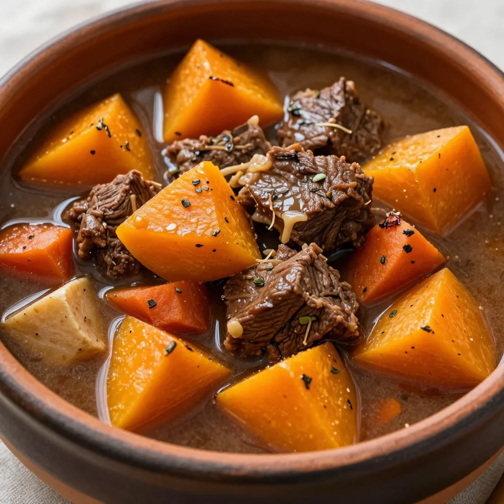 batch cooked beef stew with winter squash and root vegetable medley