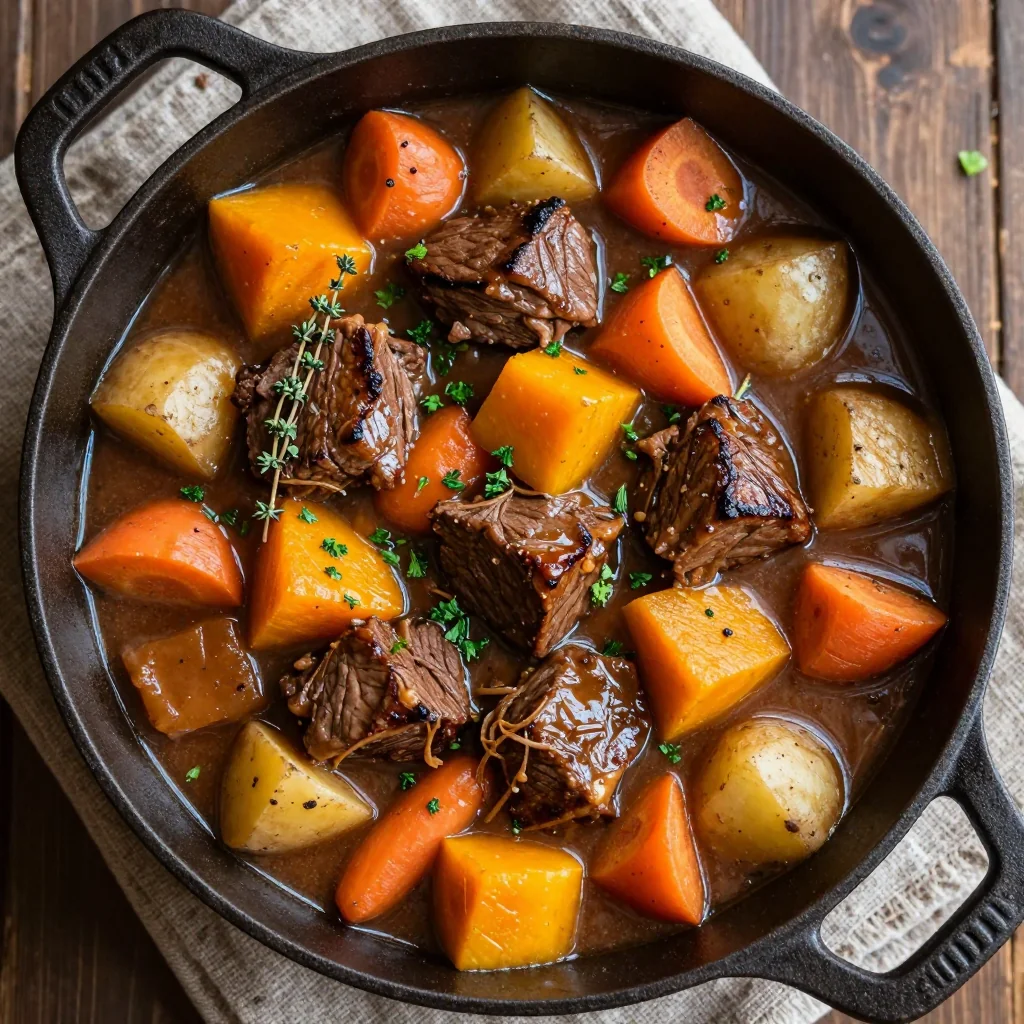 batch cooked beef stew with winter squash and root vegetable medley