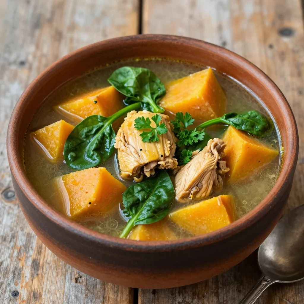 batch cooked chicken and sweet potato soup with spinach and herbs