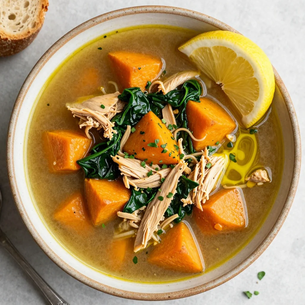 batch cooked chicken and sweet potato soup with spinach and herbs