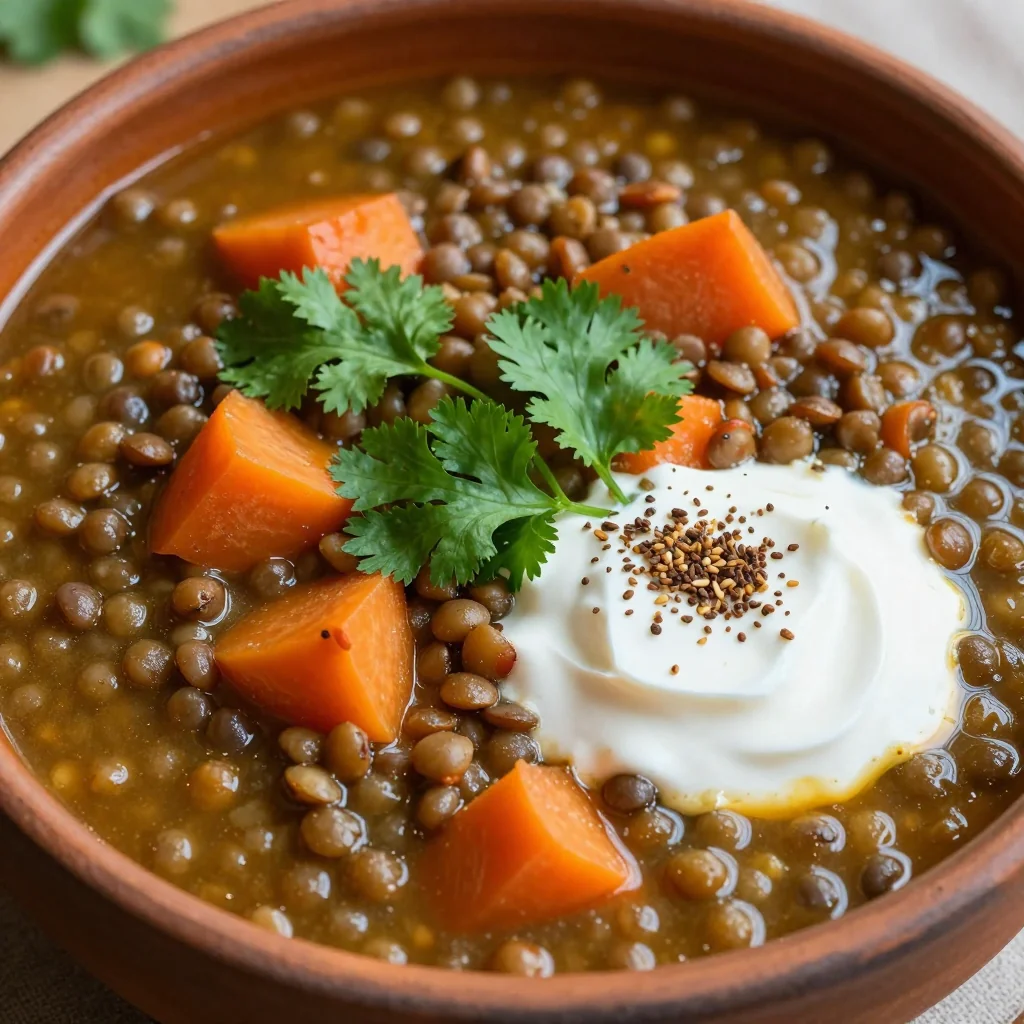 batch cooked lentil and carrot stew with fresh herbs and spices