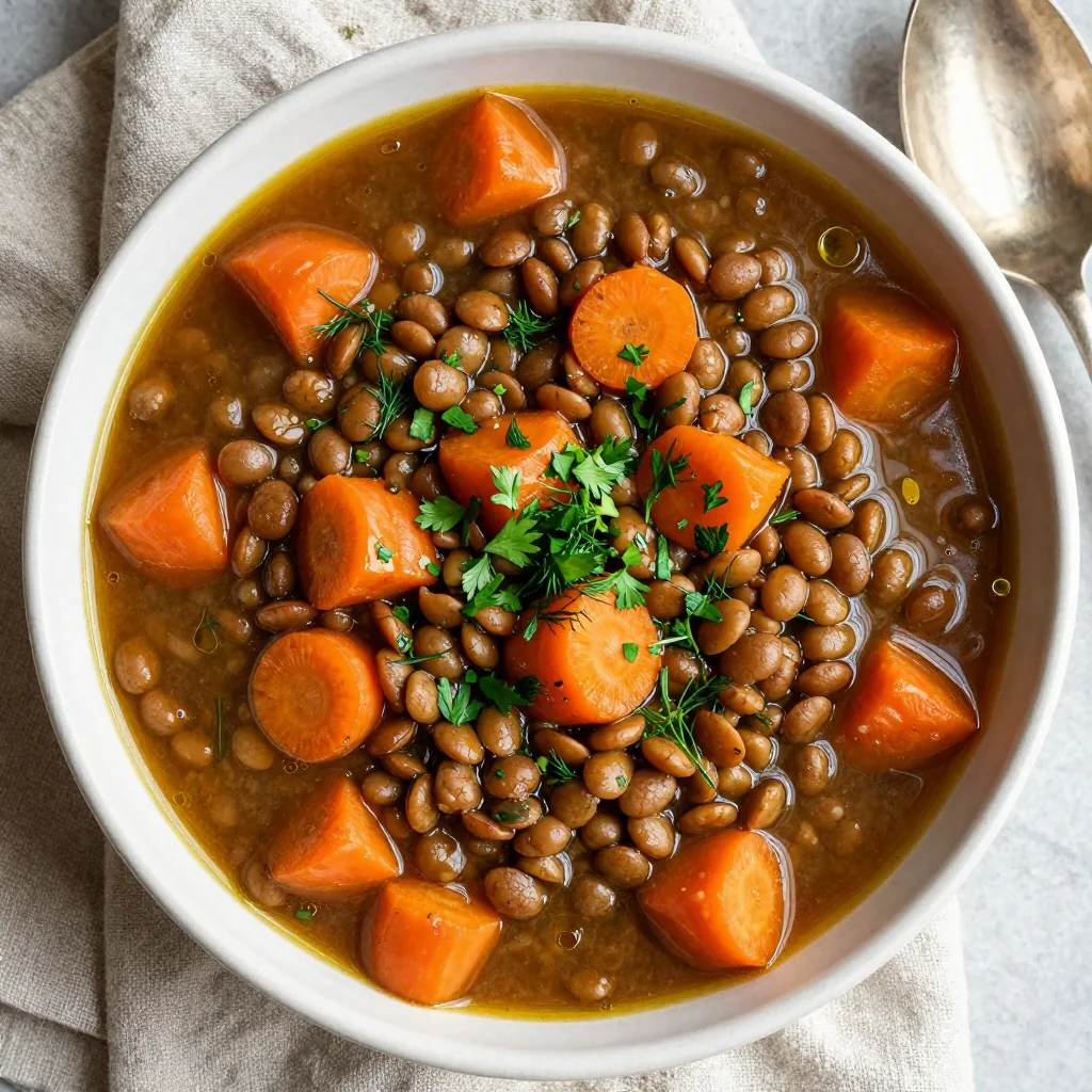 batch cooked lentil and carrot stew with fresh herbs and spices