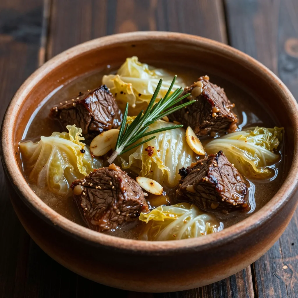 batch cooking beef and cabbage stew with garlic and rosemary