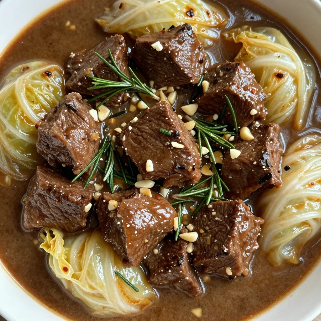 batch cooking beef and cabbage stew with garlic and rosemary