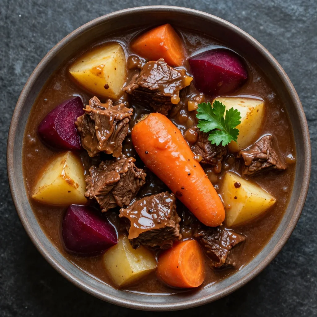 batch cooking friendly beef stew with potatoes and root vegetables