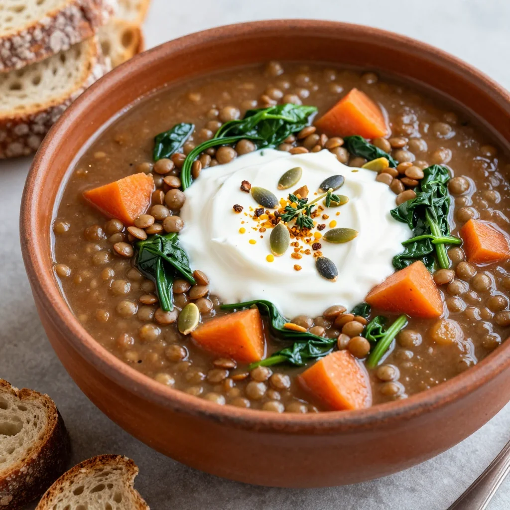 batch cooking friendly lentil and spinach soup with winter vegetables