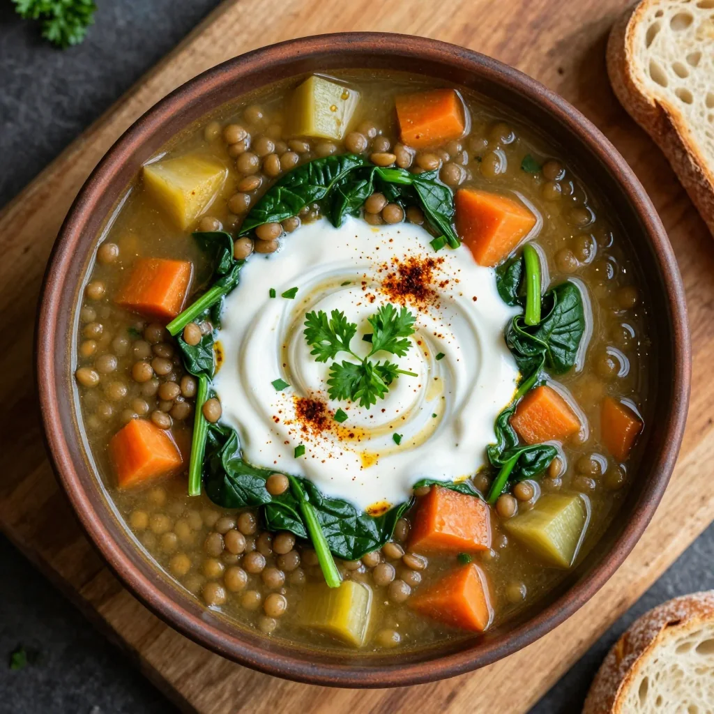 batch cooking friendly lentil and spinach soup with winter vegetables