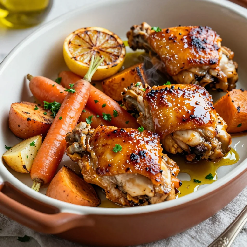 batch cooking healthy garlic and lemon chicken with root vegetables