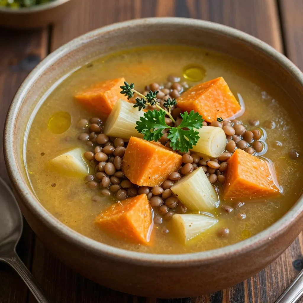 batch cooking lentil and root vegetable soup with garlic and herbs