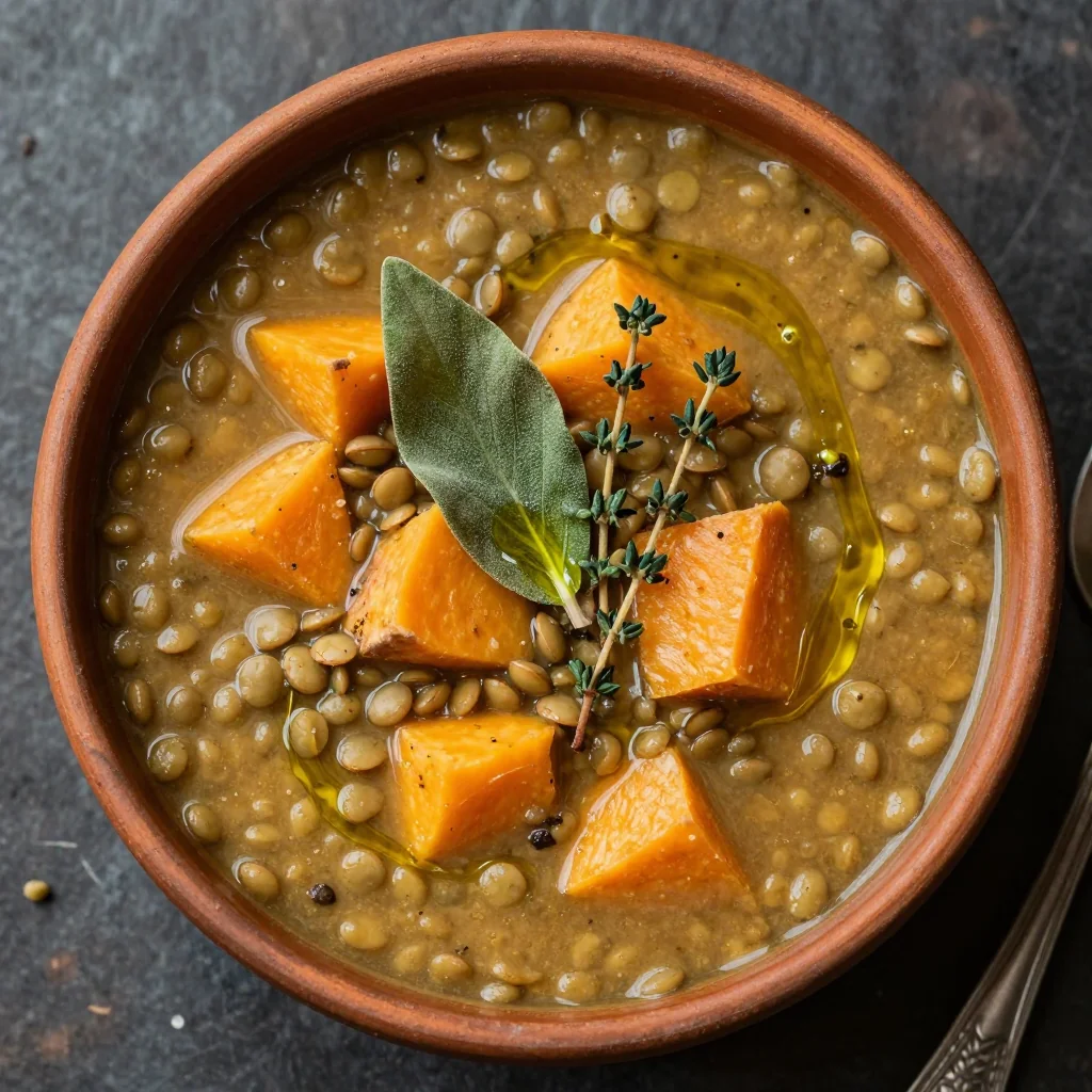 batch cooking lentil and root vegetable soup with garlic and herbs