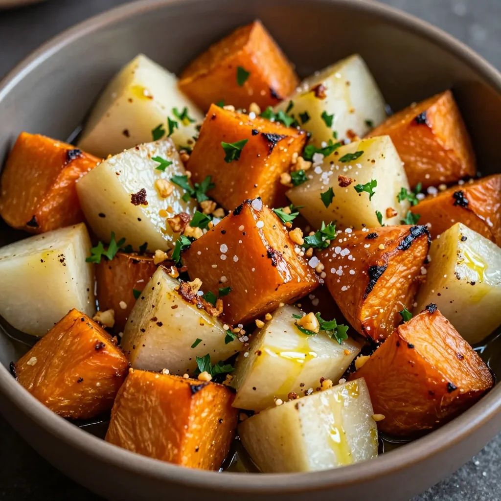 budget friendly garlic roasted sweet potatoes and turnips for cold nights