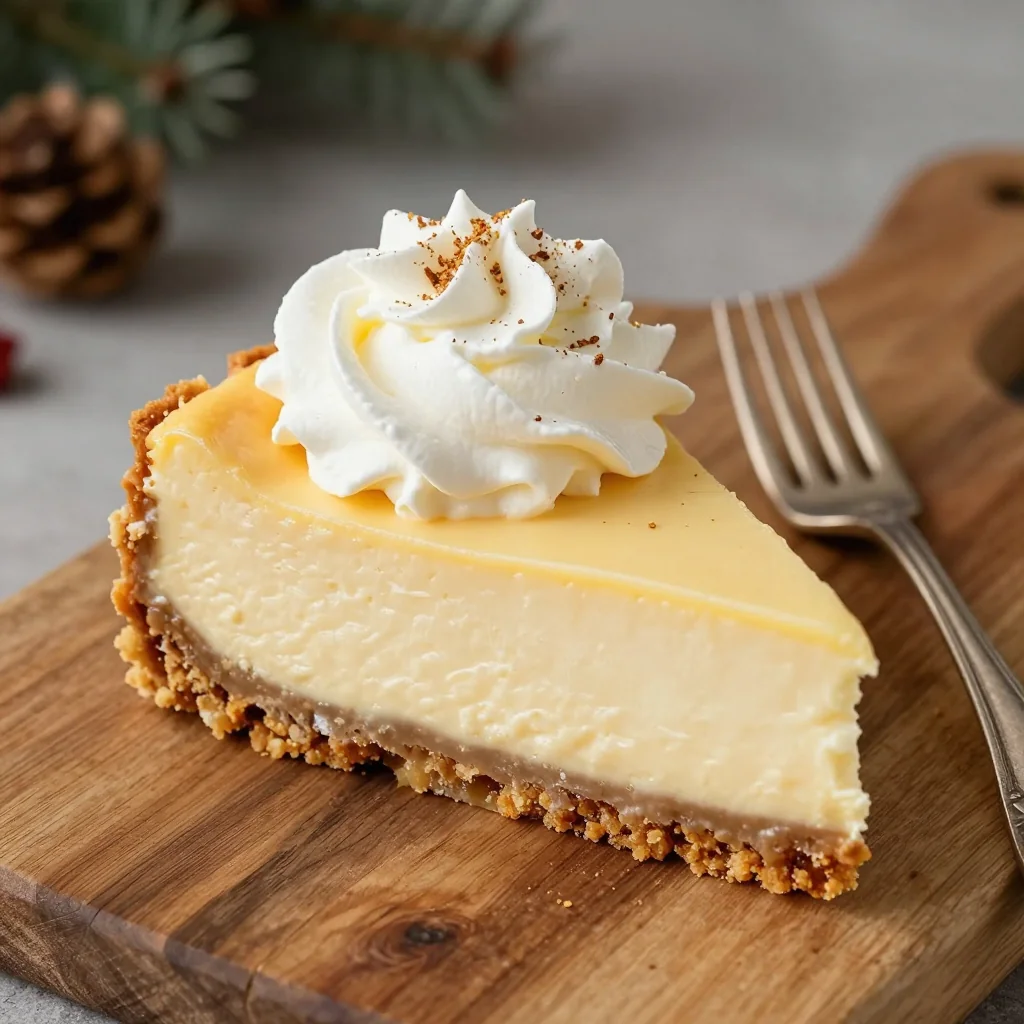 classic eggnog cheesecake with nutmeg and cinnamon crust for holidays