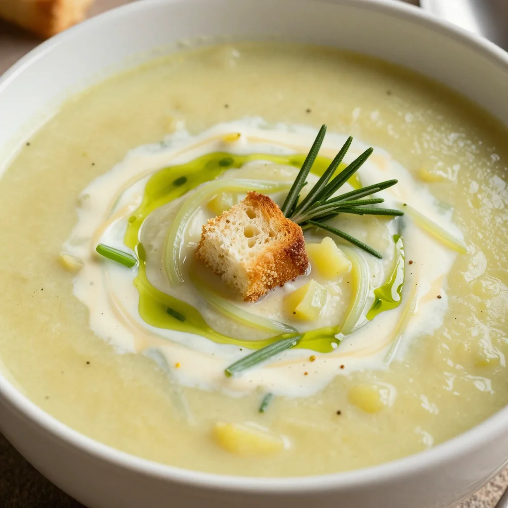 cozy creamy potato and leek soup with fresh winter herbs