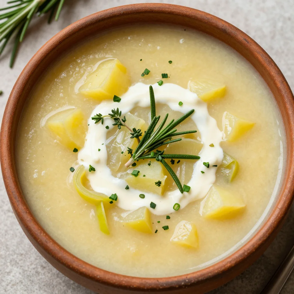 cozy creamy potato and leek soup with fresh winter herbs
