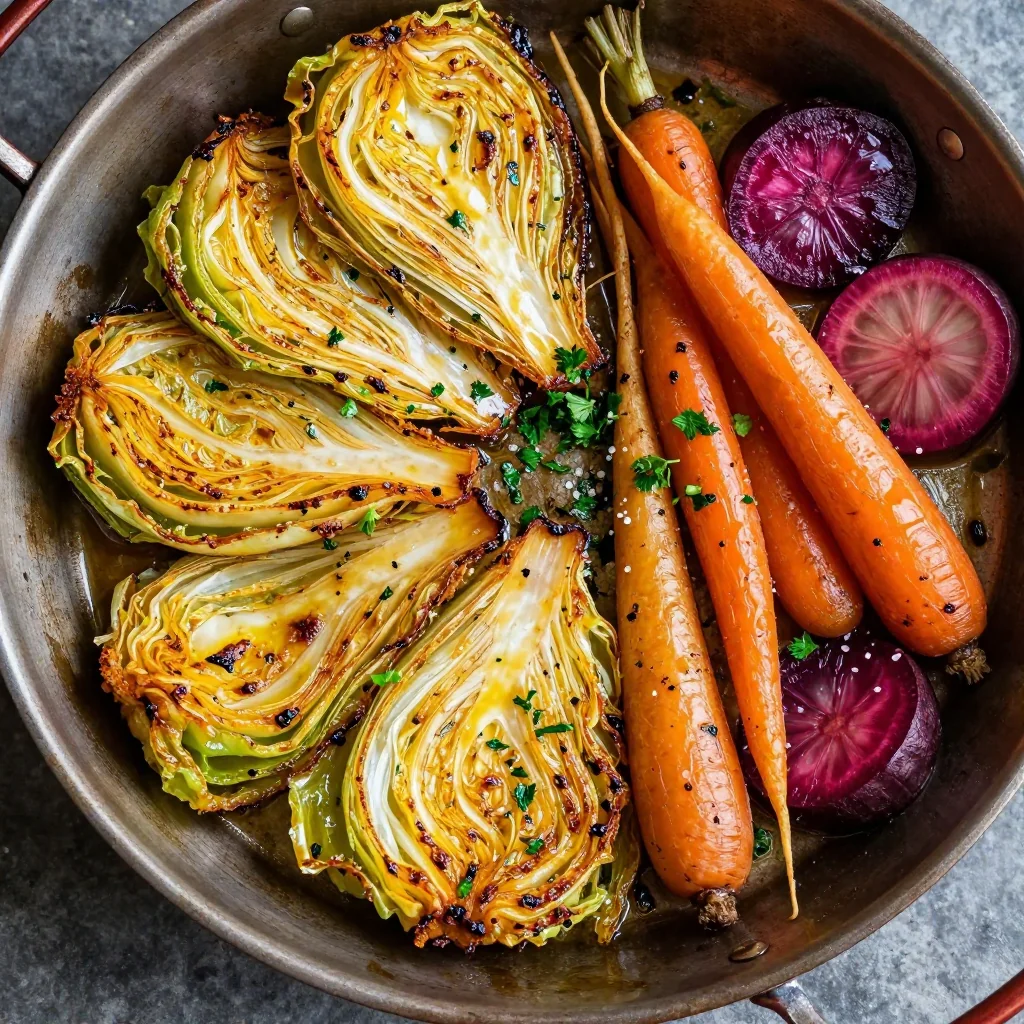 cozy garlic and herb roasted cabbage with winter root vegetables