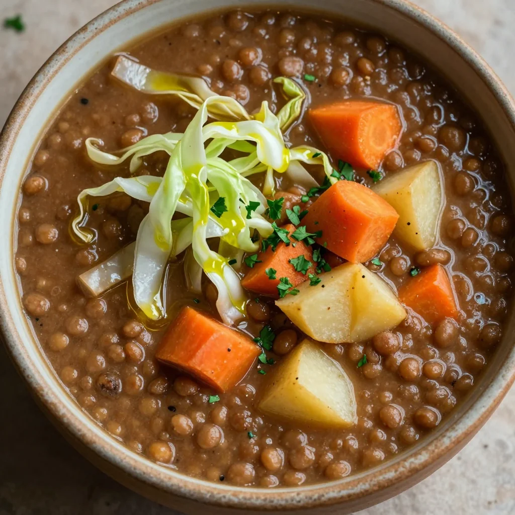 cozy slow cooker lentil and root vegetable soup with cabbage
