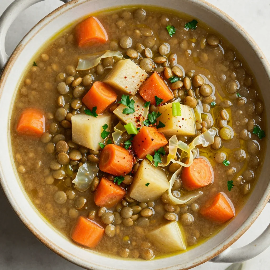 cozy slow cooker lentil and root vegetable soup with cabbage