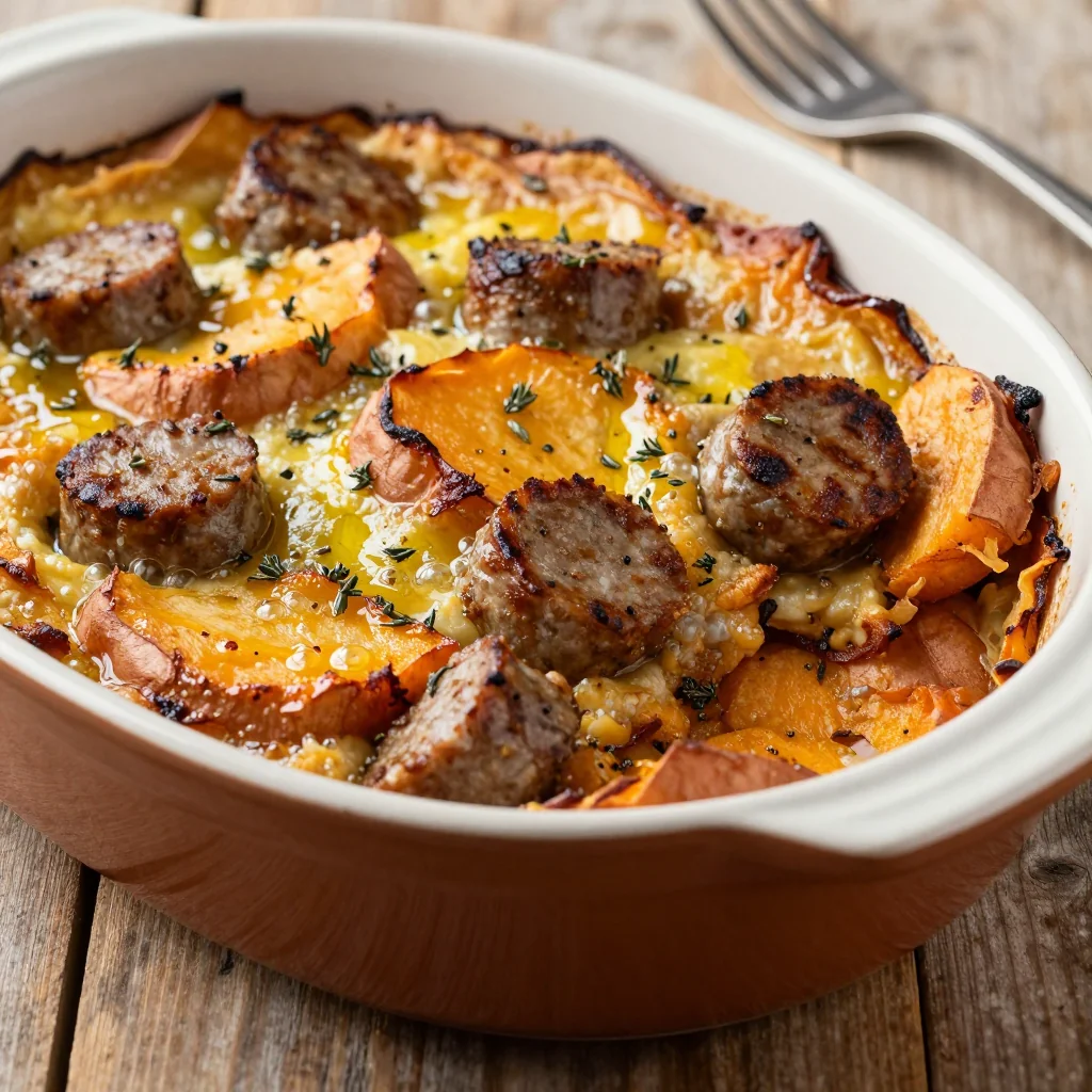 cozy sweet potato and sausage casserole for budget family meals