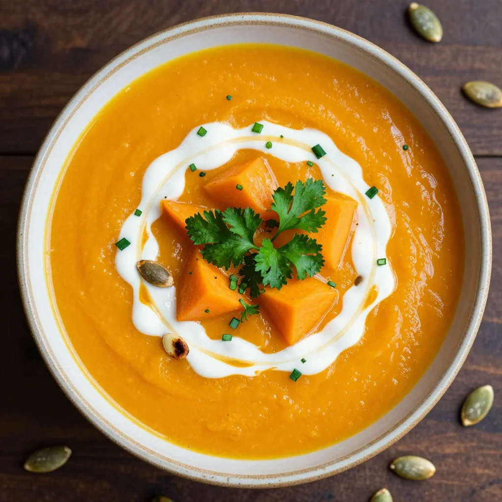 creamy butternut squash soup with carrots and fresh herbs for cold days