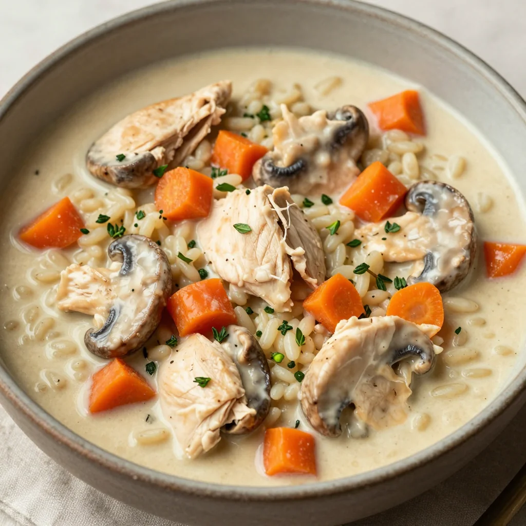 Creamy Chicken and Wild Rice with Mushrooms Carrots and Fresh Thyme