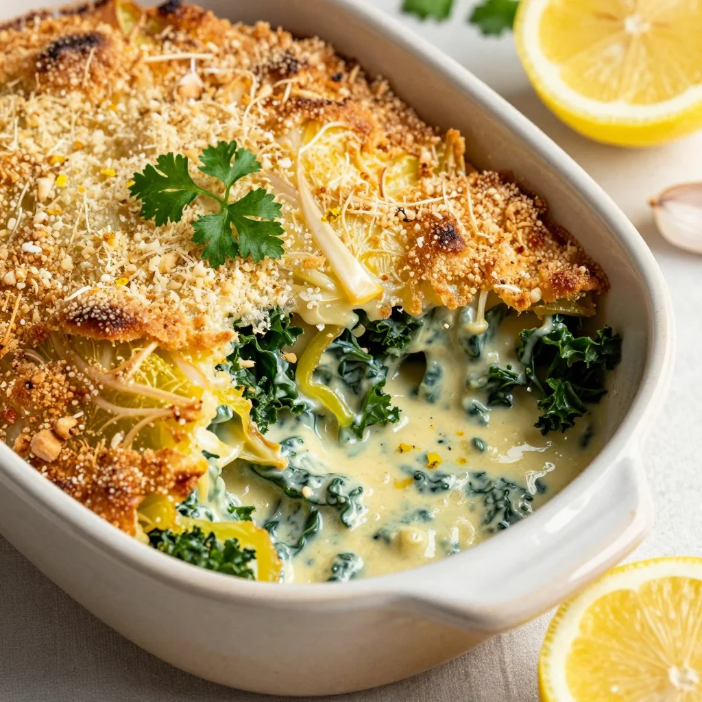 creamy lemon garlic cabbage and kale bake for family comfort food