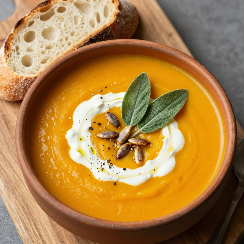 creamy pumpkin sage soup paired with warm crusty bread for winter