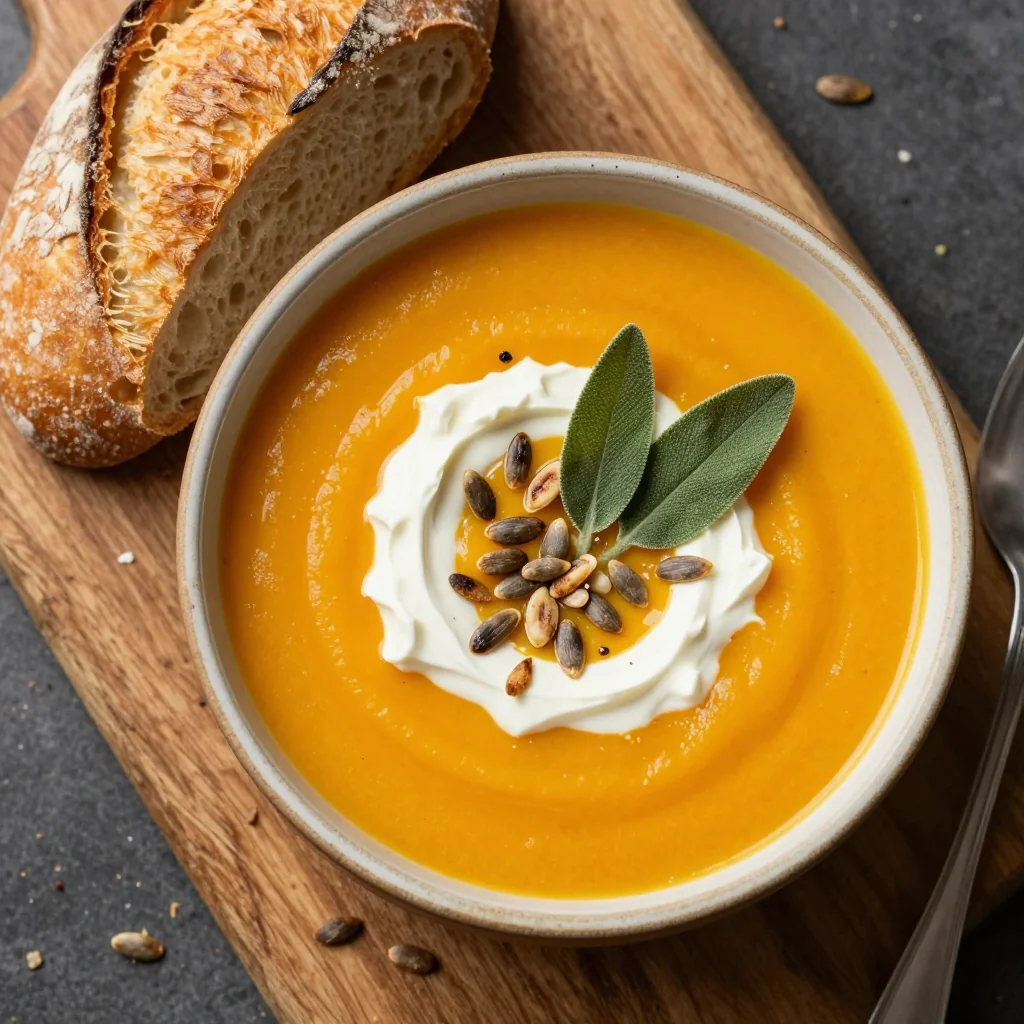 creamy pumpkin sage soup paired with warm crusty bread for winter