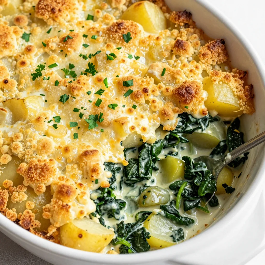 creamy spinach and potato casserole with garlic and fresh herbs