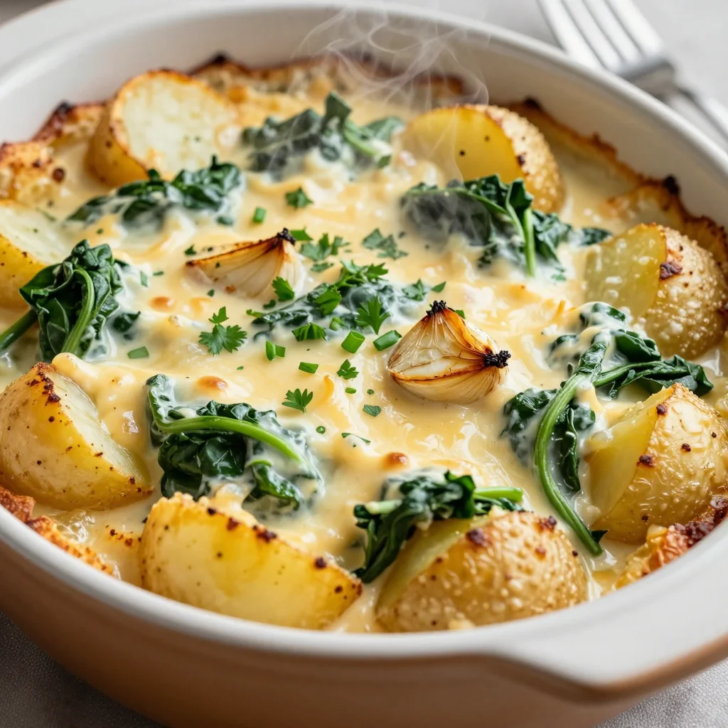 creamy spinach and potato casserole with garlic and fresh herbs