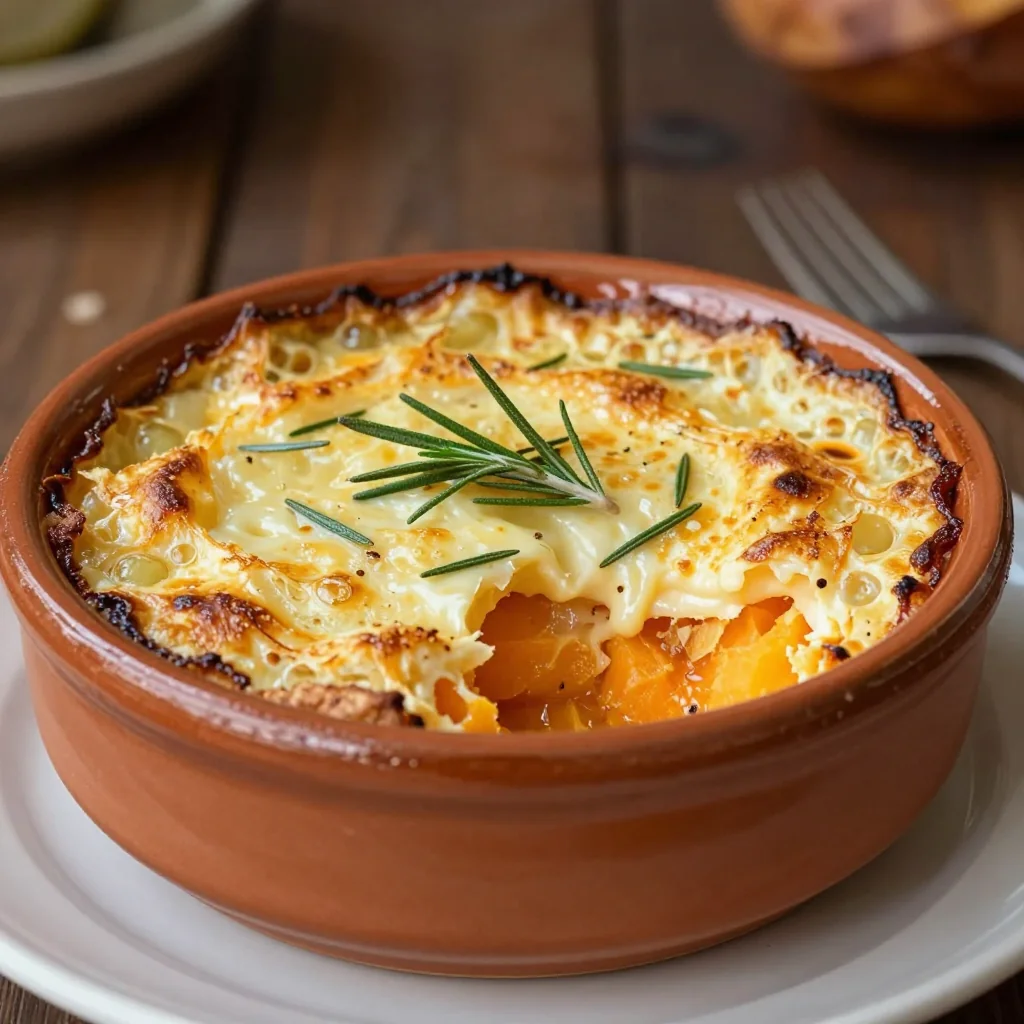 creamy sweet potato and potato gratin with rosemary for cold nights