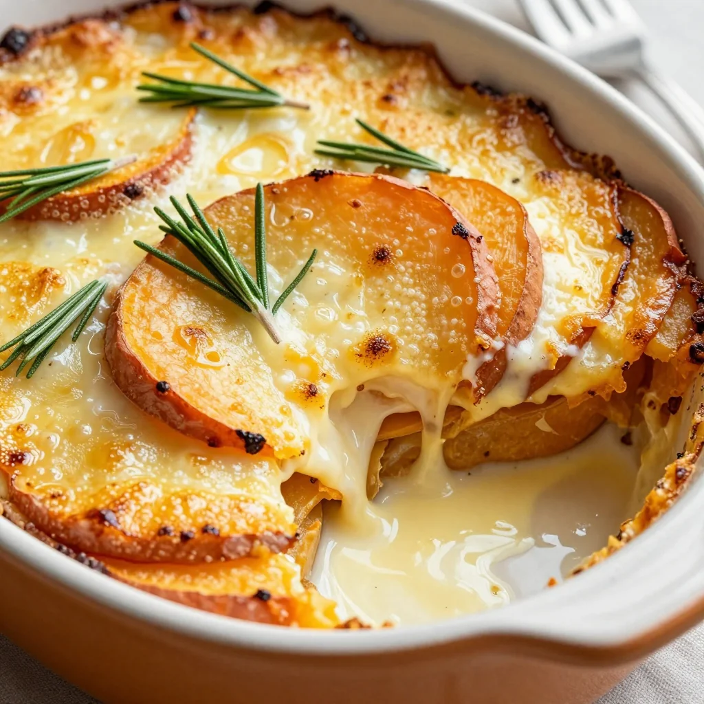 creamy sweet potato and potato gratin with rosemary for cold nights