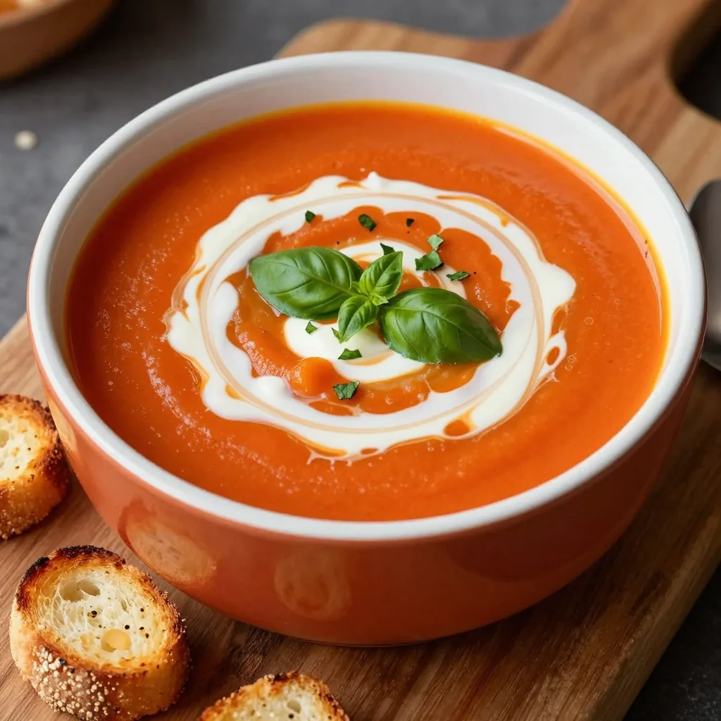 Creamy Tomato Soup with Heavy Cream and Fresh Basil Garnish