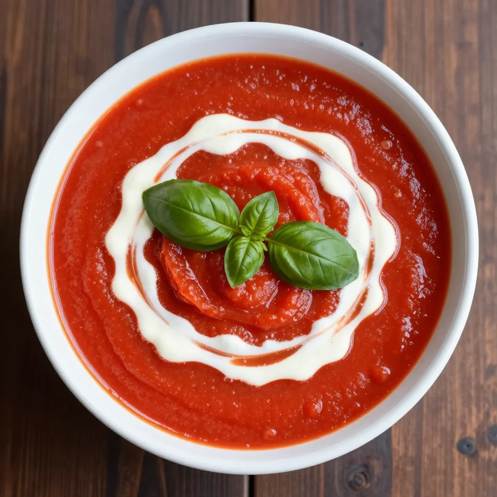 Creamy Tomato Soup with Heavy Cream and Fresh Basil Garnish