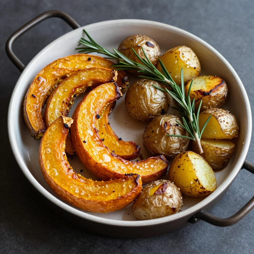 crispy roasted winter squash and potatoes with fresh rosemary for dinner