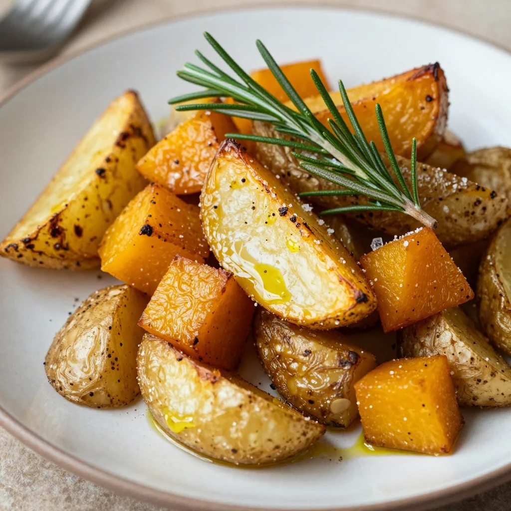 crispy roasted winter squash and potatoes with fresh rosemary for dinner