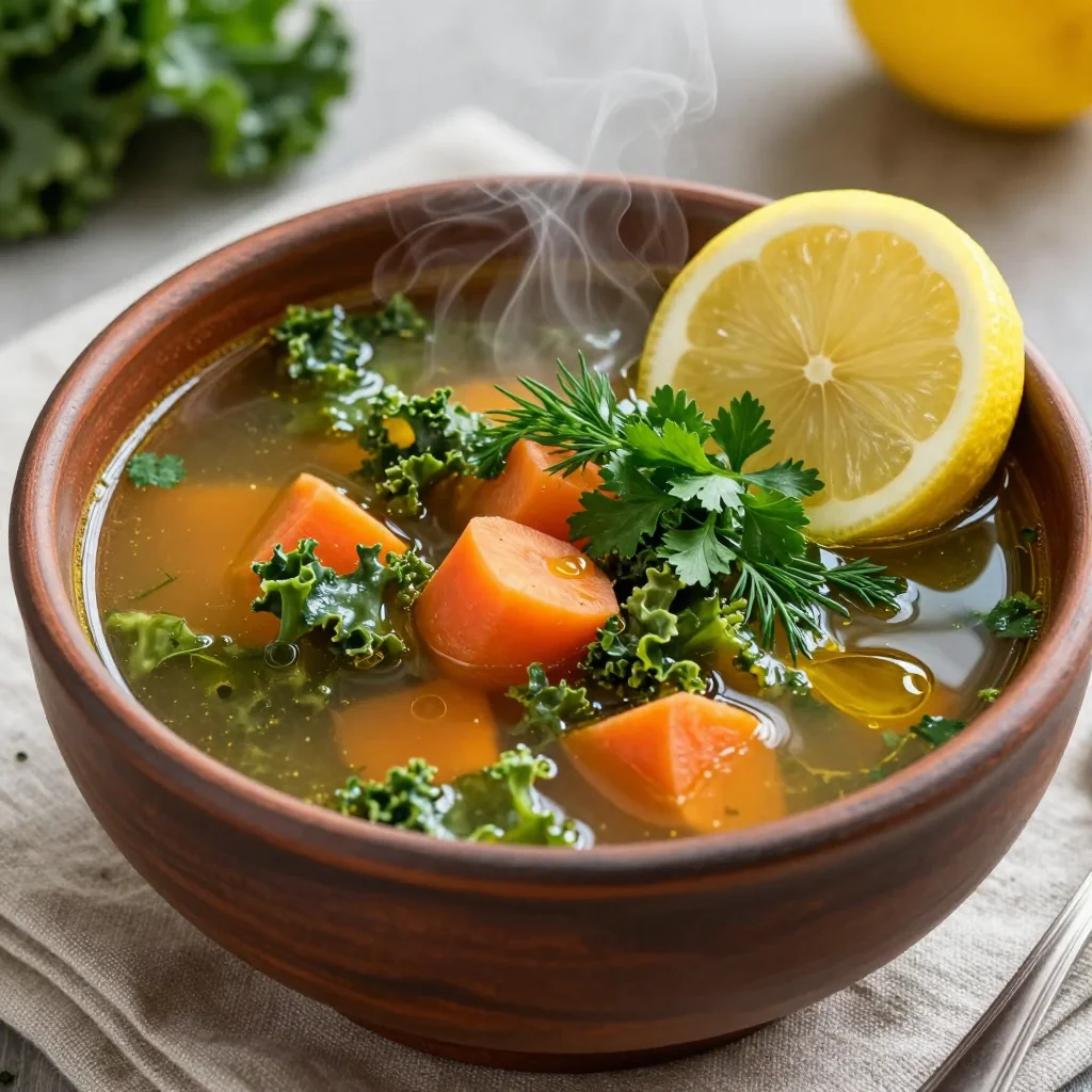 detox winter vegetable soup with lemon and fresh herbs
