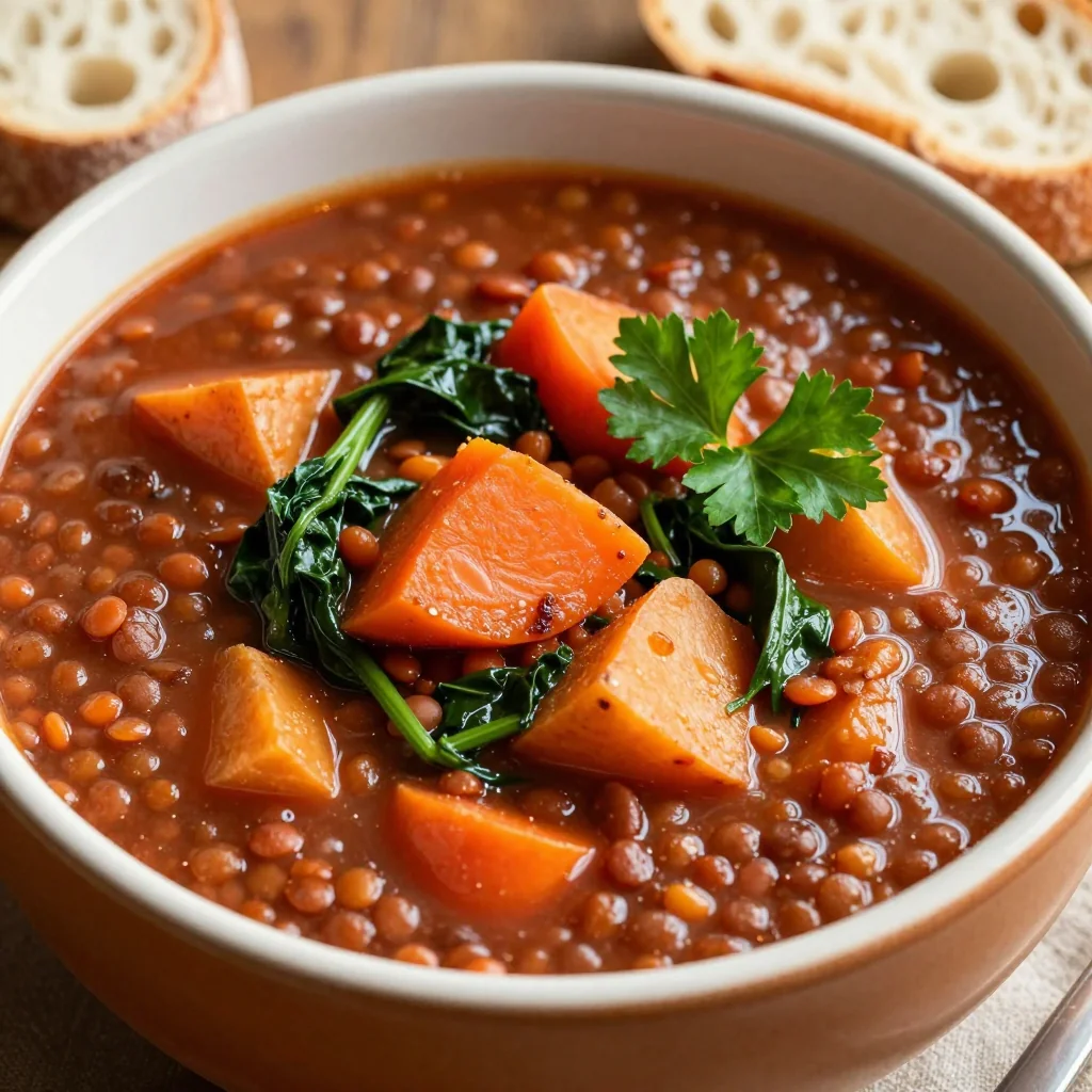 easy batch cooked lentil soup with spinach and root vegetables