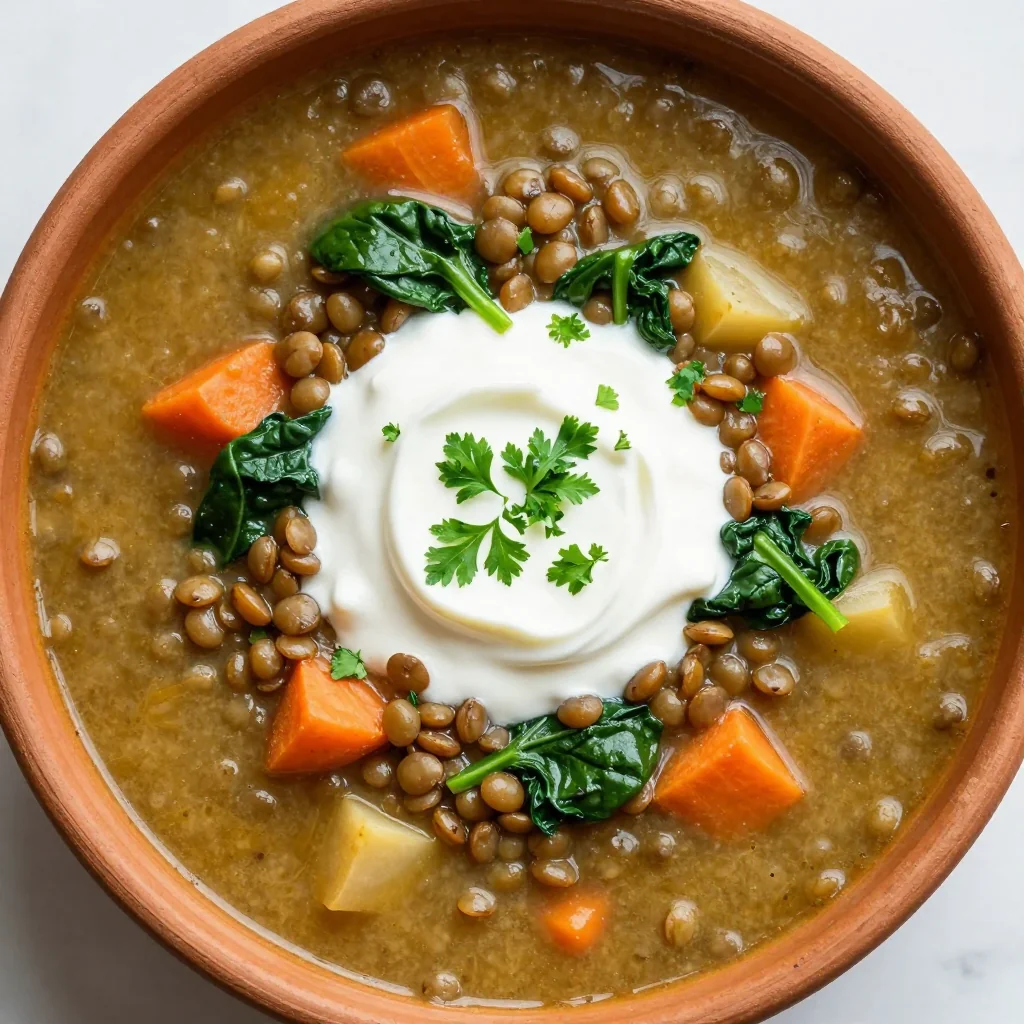 easy batch cooked lentil soup with spinach and root vegetables