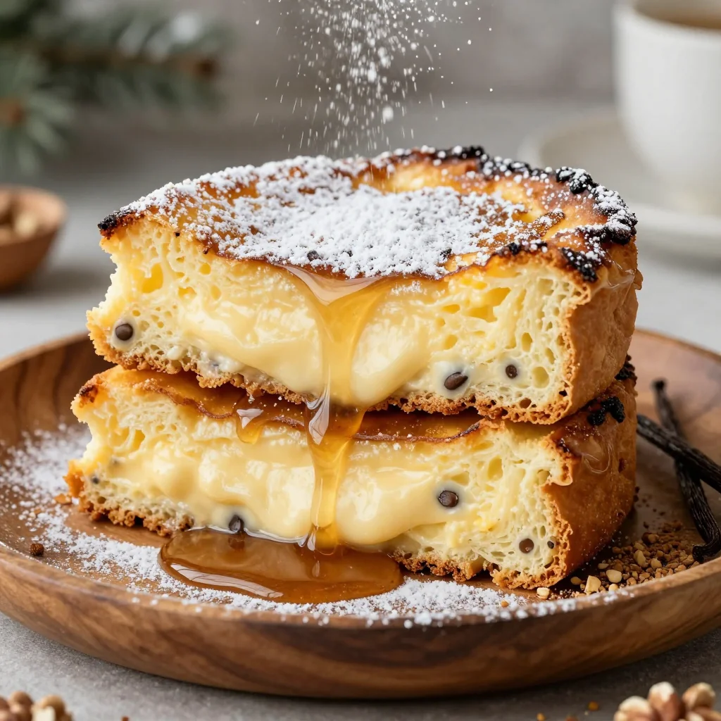 fluffy eggnog french toast with vanilla and nutmeg for christmas breakfast