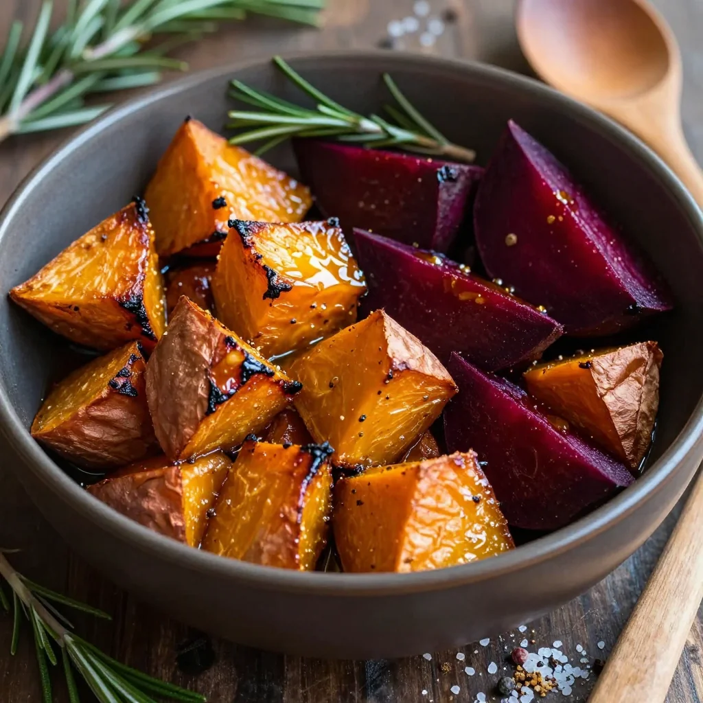 garlic roasted sweet potatoes and beets with rosemary for cold nights