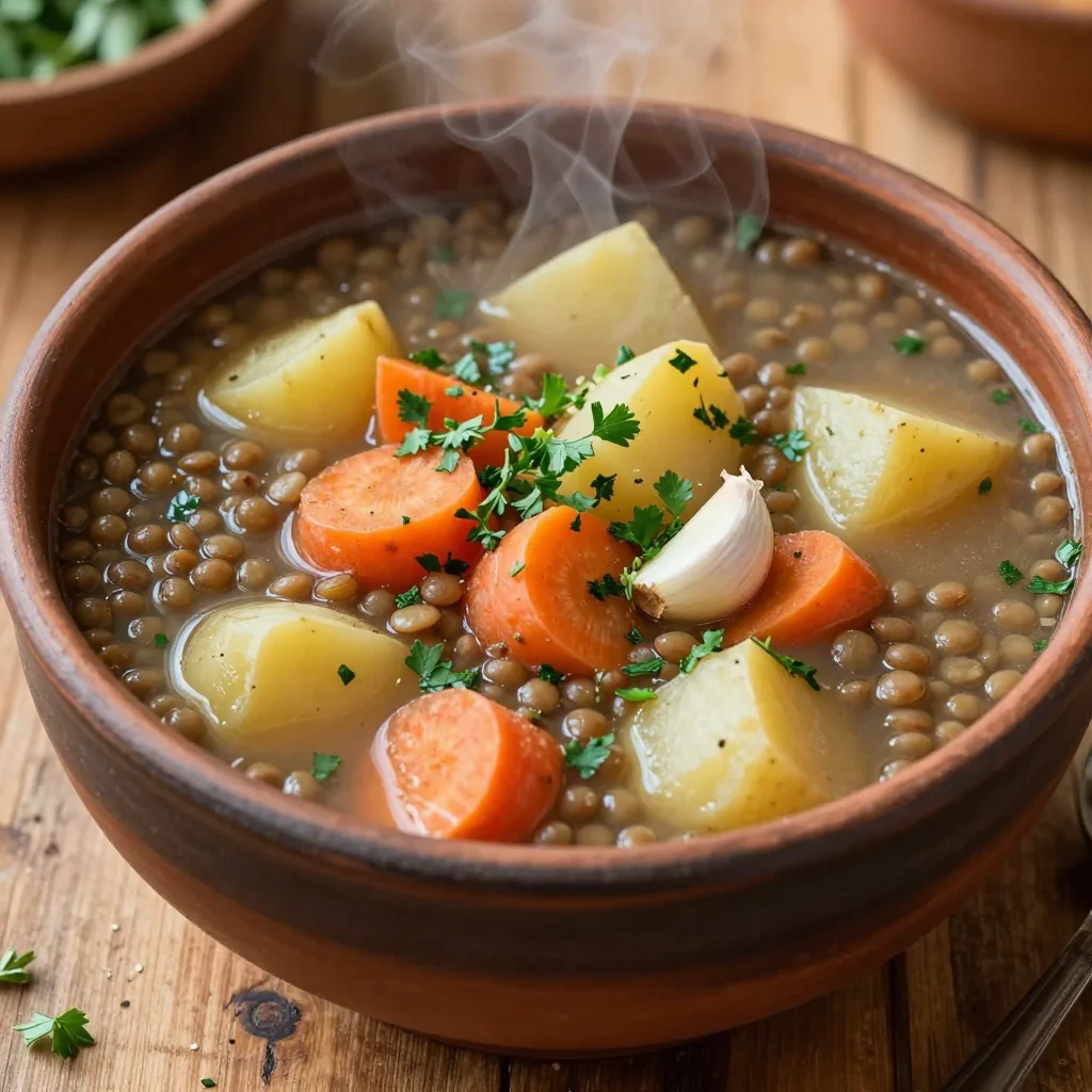 healthy batchcooked lentil and root vegetable soup with garlic and herbs
