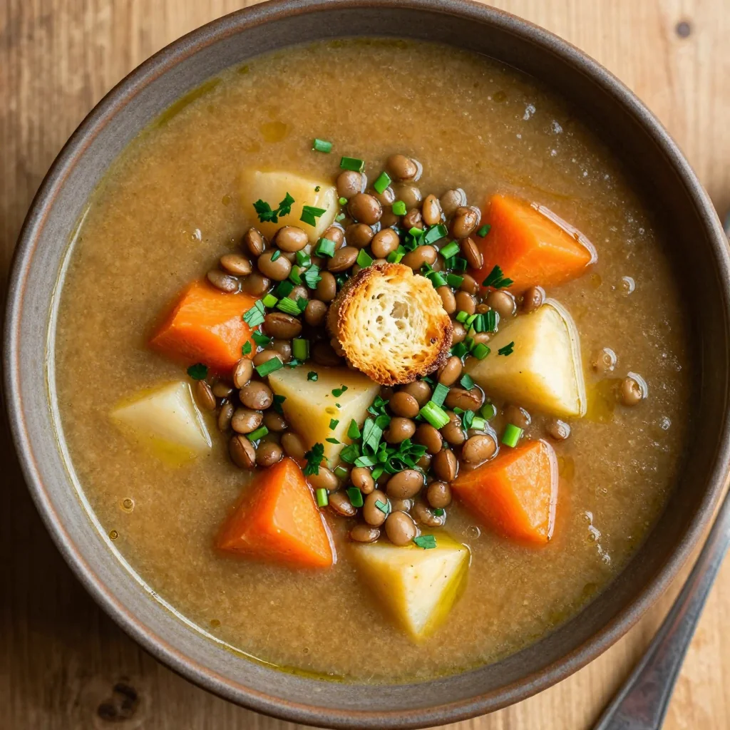 healthy batchcooked lentil and root vegetable soup with garlic and herbs
